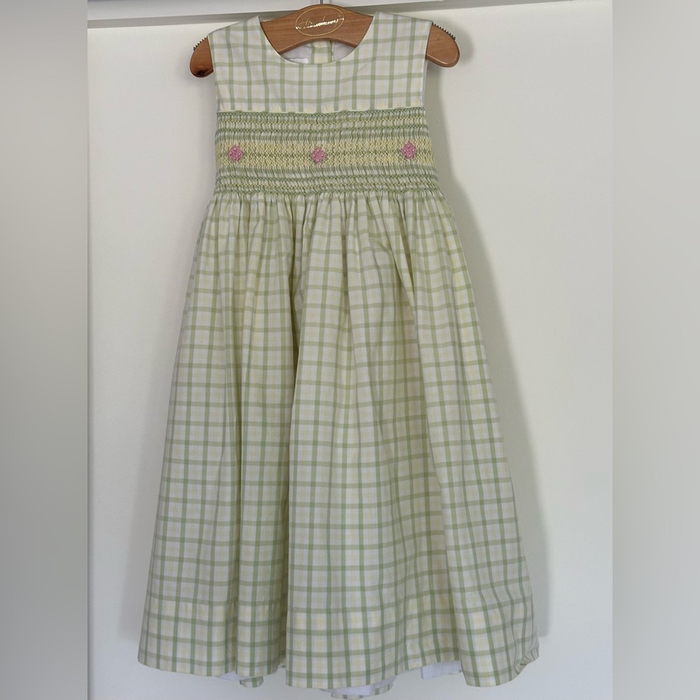 Strasburg Green, White, and Yellow Plaid Sleeveless Smocked Dress Size 4